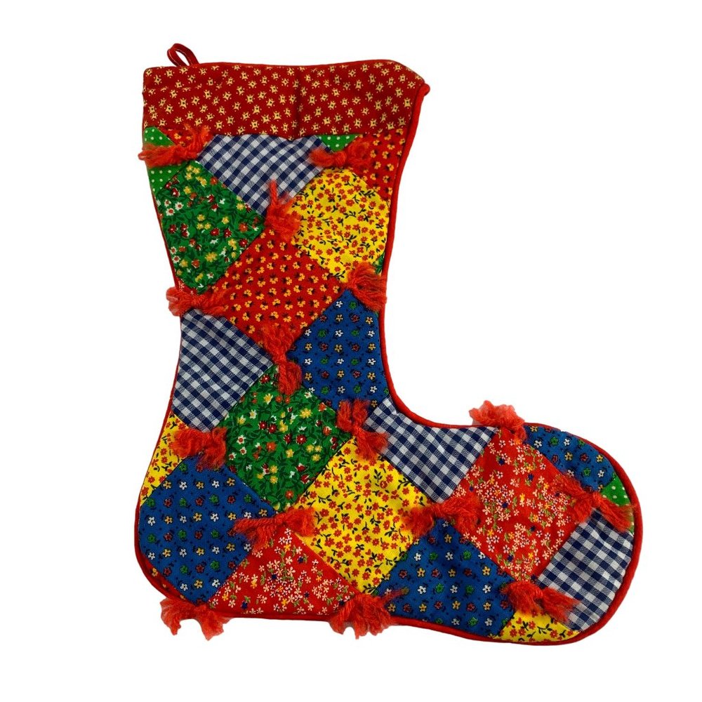 Vintage Homemade Patchwork Red Green Christmas Stocking 15.5" Retro